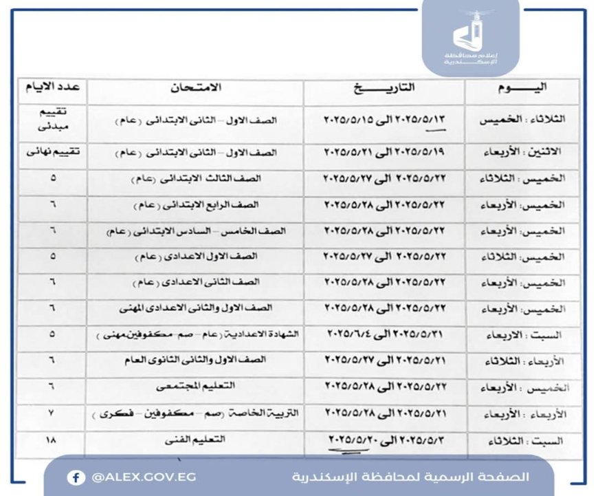 محافظ الإسكندرية يعتمد جدول امتحانات الفصل الدراسي الثاني جميع المراحل الدراسية
